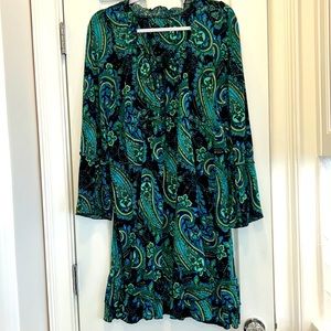 Tiana B. Jersey Paisley Blue, Black, & Green Work Dress w/ Ruffled Hem  sz.XL